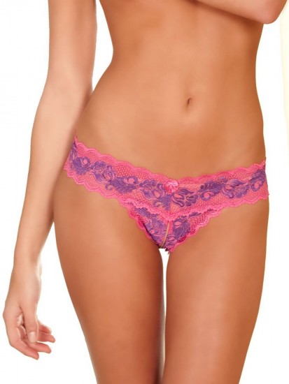 Rene Rofe Crotchless Lace V Thong - Pink