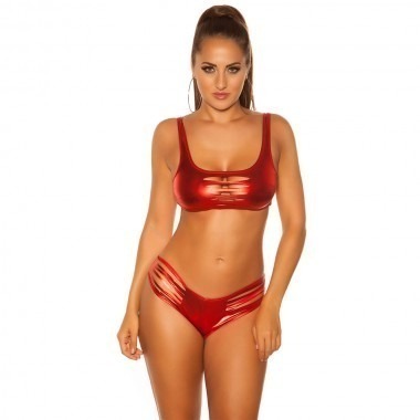 Brazilian Bikini Bottom And Top In Slashed Wet Look - Red
