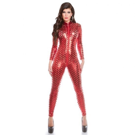 KouCla Wet Look Crotch Zip Catsuit - Red