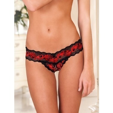 Rene Rofe Crotchless Lace V Thong - Red