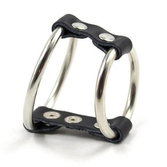 2 Ring Metal Cock Ring With Ball Divider Strap